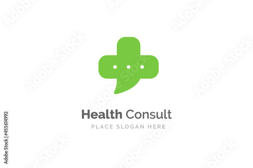 Health consult logo design template. Medical cross shape isolated on bubble chat symbol.