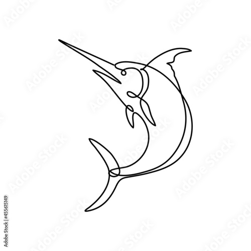 Continuous line drawing illustration of an Atlantic blue marlin jumping up done in mono line or doodle style in black and white on isolated background. 