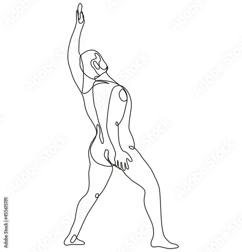 Continuous line drawing illustration of a nude male human figure Raising Hand Up viewed from rear done in mono line or doodle style in black and white on isolated background. 