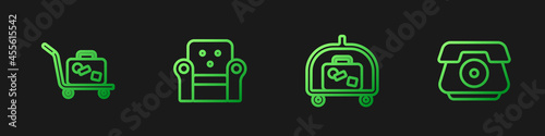Set line Hotel luggage cart, Trolley suitcase, Armchair and Telephone handset. Gradient color icons. Vector