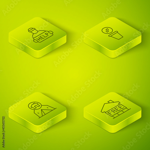 Set Isometric line Donation money, Tourist tent, Shelter for homeless and Help icon. Vector