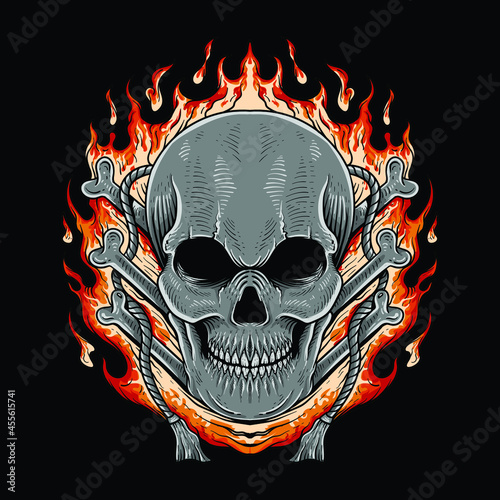 hand drawn skull on fire pirate halloween engraving style illustration