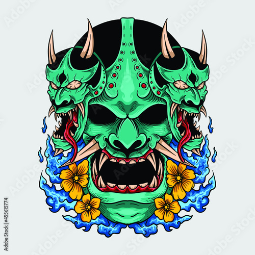 awesome t shirt design japanee style hannya oni mask colorful with flower