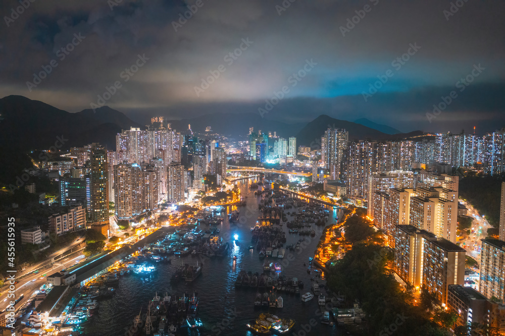 Aerial night view of Aberdeen, Hong Kong