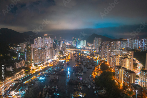 Aerial night view of Aberdeen  Hong Kong