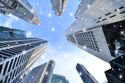 Photography Smart city and wireless communication network on skyscrapers Central Business Di