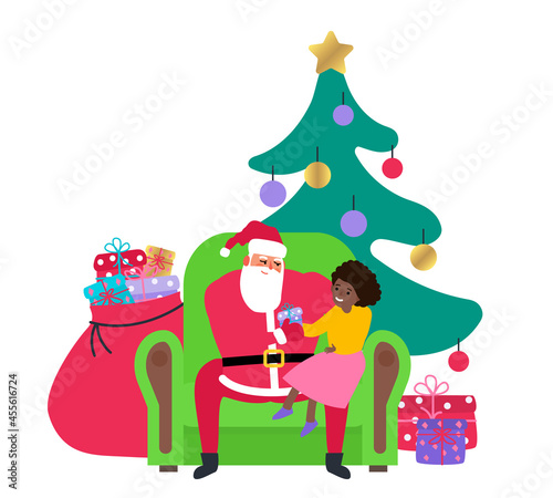 santa claus and little african american girl sitting in the chair merry christmas vector illustration