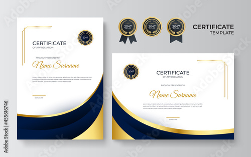 Modern elegant blue and gold diploma certificate design template. Blue gold certificate of achievement template with gold badge and border