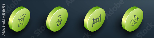 Set Isometric line Baby clothes, dummy pacifier, crib cradle bed and Little boy head icon. Vector