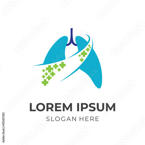 lungs health logo template, lungs and cross, combination logo with flat green and blue color style