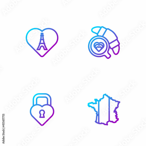 Set line Map of France, Castle in the shape heart, Eiffel tower with and Coffee cup croissant. Gradient color icons. Vector