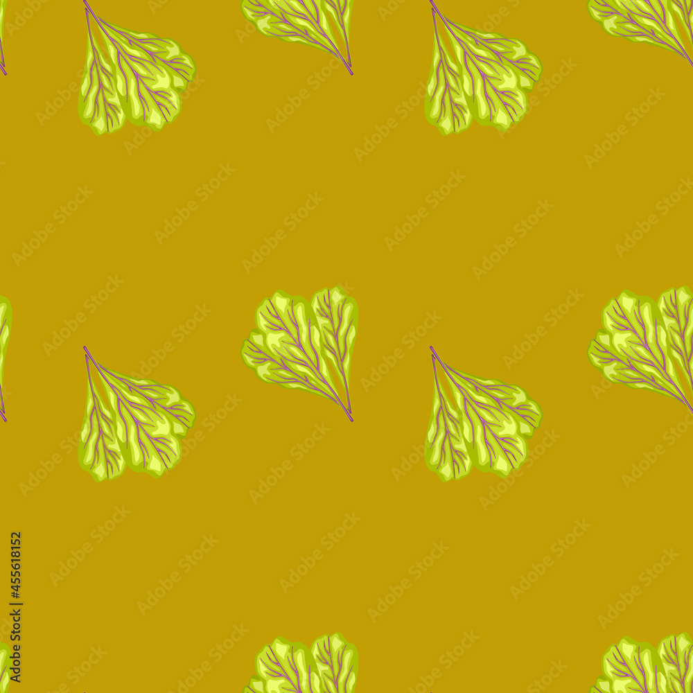 Seamless pattern bunch mangold salad on yellow background. Simple ornament with lettuce.