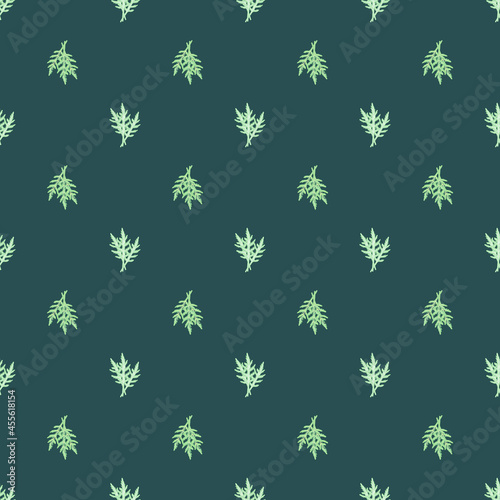 Seamless pattern bunch arugula salad on teal background. Minimalistic ornament with lettuce.