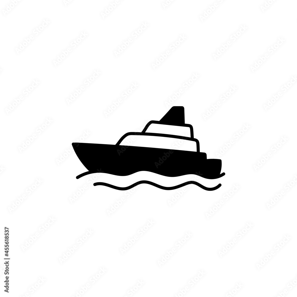 Boat, ship, yacht icon in solid black flat shape glyph icon, isolated on white background 
