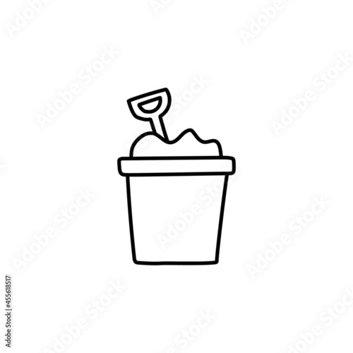 Sand beach bucket and shovel icon in flat black line style, isolated on white background 