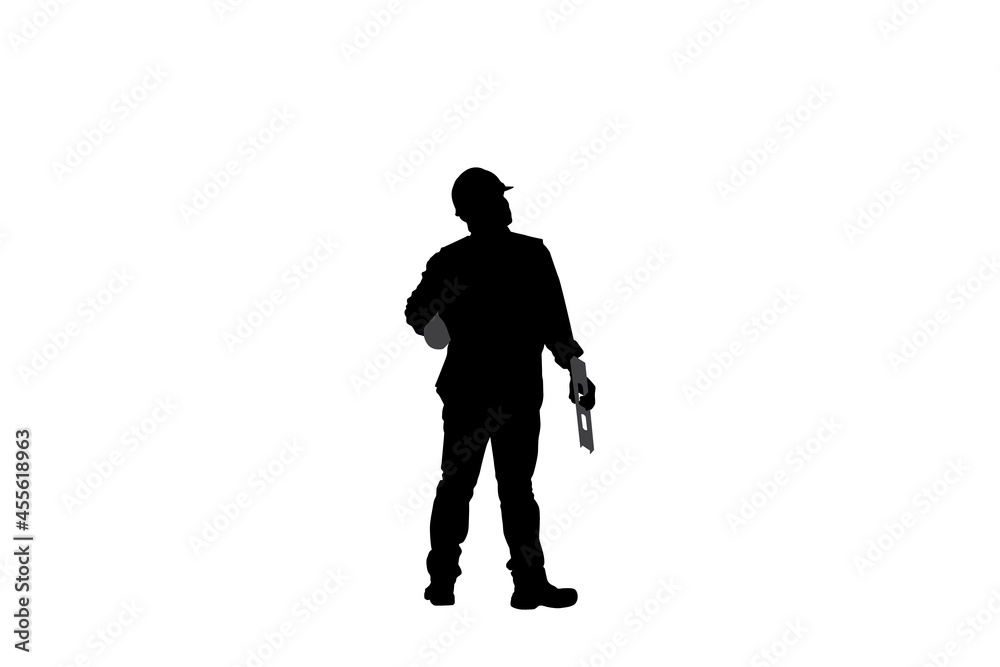 Vector illustration Silhouette of Engineer in hard hat, worker holding building level on white background