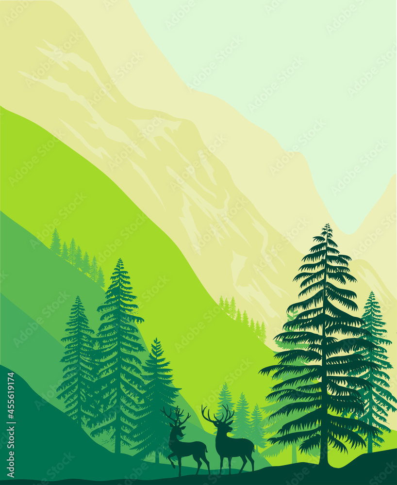 Mountains landscape with forest and pine tree and deer illustration