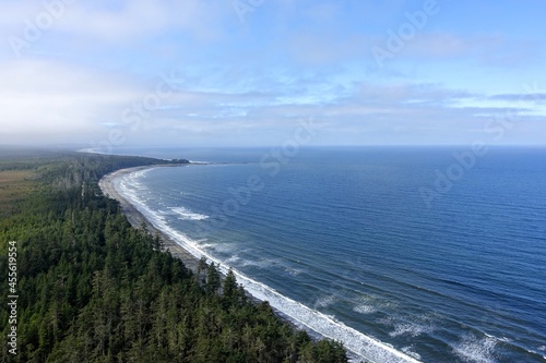 A beautiful view from high above of the coastline and sandy beaches of the north beach, atop tow hill, with endless ocean and coastline, in Haida Gwaii, British Columbia, Canada