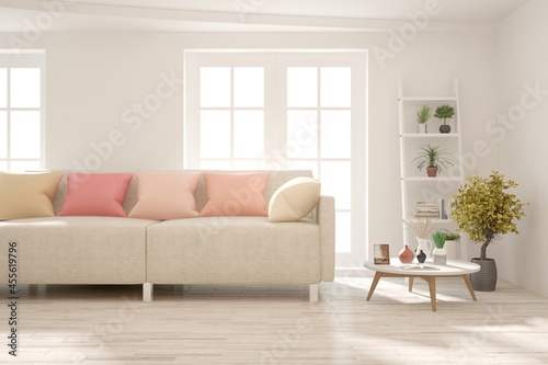 White living room with sofa. Scandinavian interior design. 3D illustration