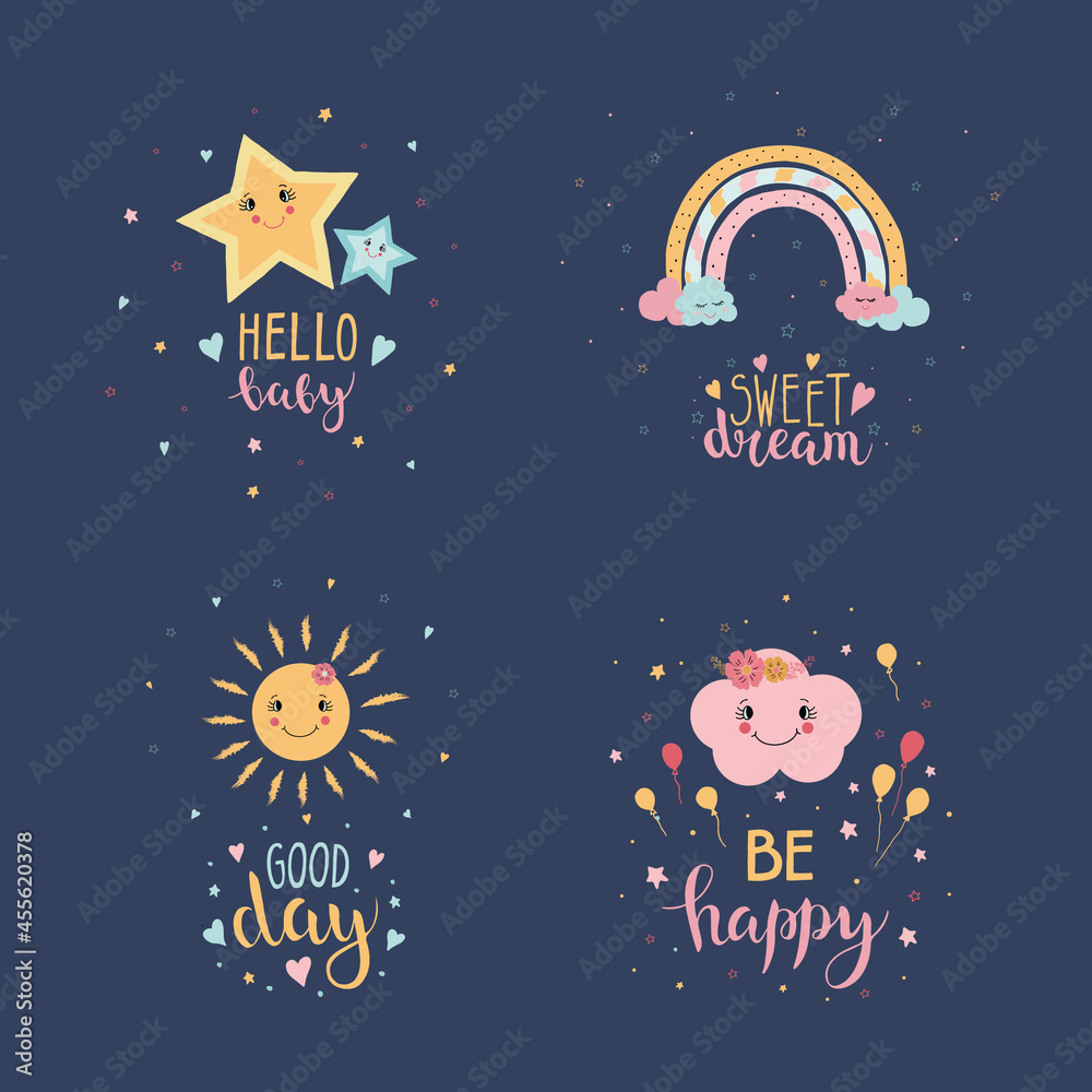 Set of posters yellow, blue cute stars, rainbow, sun and pink cloud and lettering 