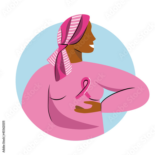 Bald woman in bandana with pink ribbon fight breast cancer, Pinktober concept, awareness month October. Female healthcare campaign. Faceless pink beautiful character. Flat vector cartoon illustration