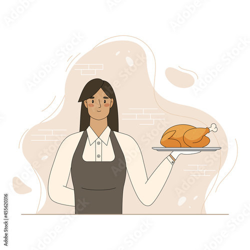 Waitress hold dish with baked chicken. Vector flat cartoon illustration