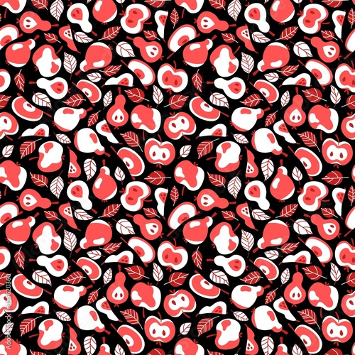 Red apples and pears vibrant seamless pattern vector. Hand-drawn whole and halves fruits and leaves. Fresh ripe red and white apple and pear fruits on black back seamless pattern