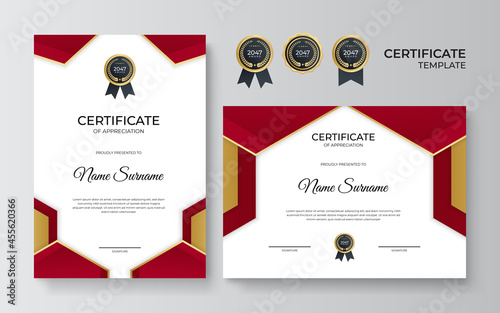 Black red and gold certificate of achievement template with gold badge and border