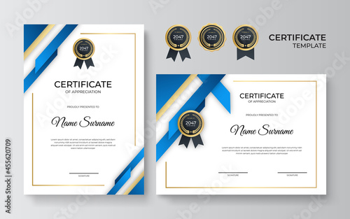 Modern elegant blue and gold diploma certificate template
