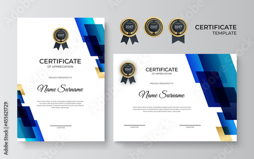 Elegant blue and gold diploma certificate template. Blue and gold certificate of achievement template with gold badge and border