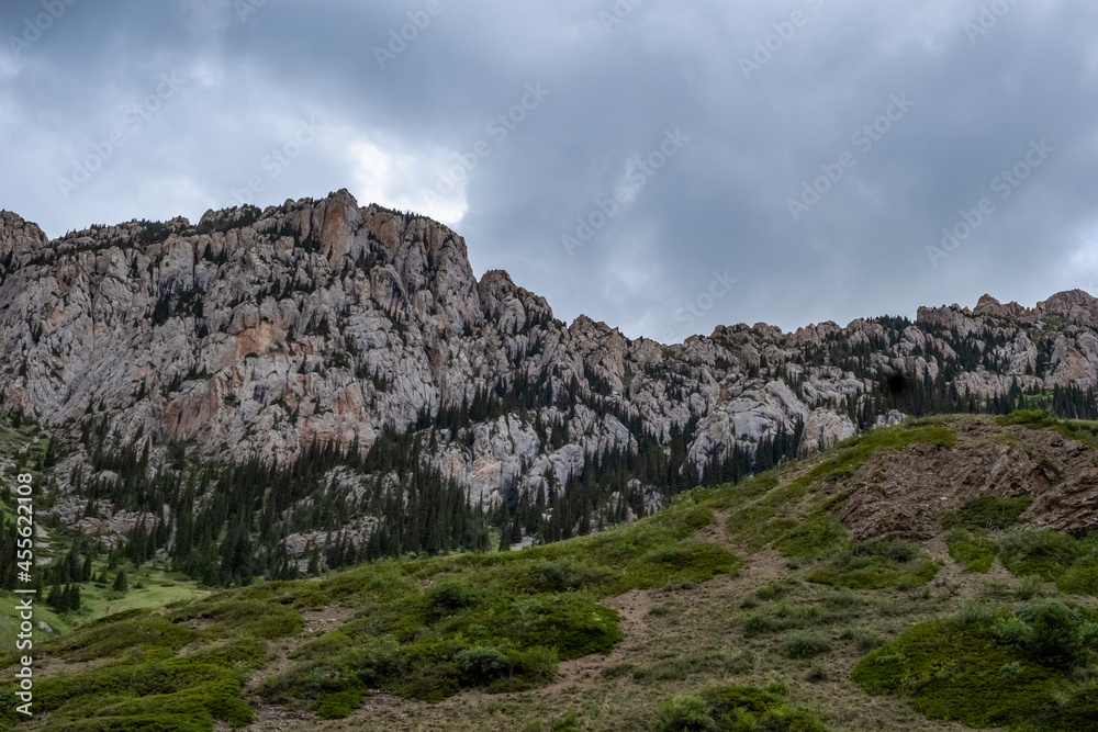 Beautiful rocky mountains with green forest on foothills with rainy clouds. Beautiful summer landscape. Komirshi gorge in Kazakhstan. Travel tourism concept.