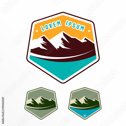 Iceberg or mountain with river in Pentagon emblem image graphic icon logo design abstract concept vector stock. Can be used as a symbol related to adventure.