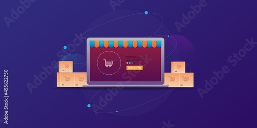 Ecommerce application, online shopping cart, shop and order online, getting package delivery, shopping basket, laptop with open ecommerce webstore, abstract technology, internet business concept.
