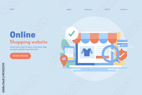 Online shopping laptop, fashion ecommerce website storefront, secure payment, digital shopping, order tracking and delivery concept, net banking with credit card. Web banner concept.