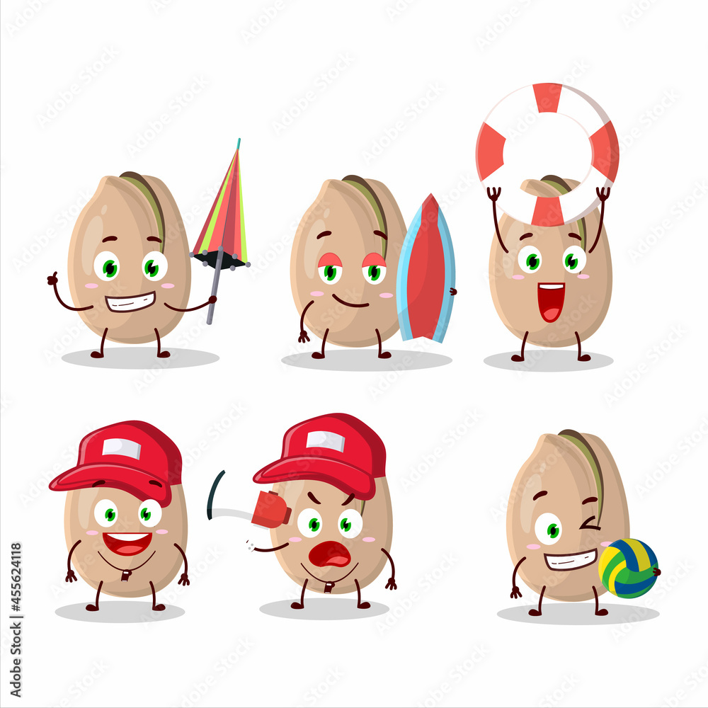 Happy Face pistachios cartoon character playing on a beach