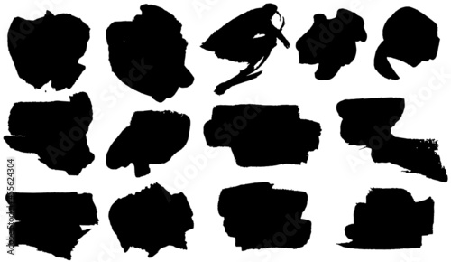 Set of black smears paint, ink brush strokes, brushes, lines. Dirty artistic grunge ink banner. Border  design elements, text frames. Vector 