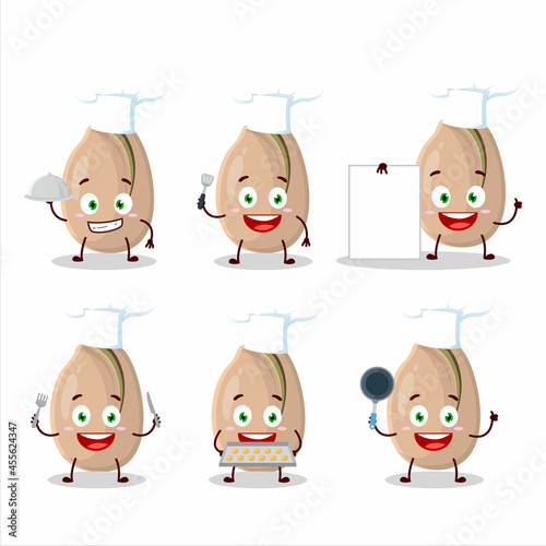 Cartoon character of pistachios with various chef emoticons