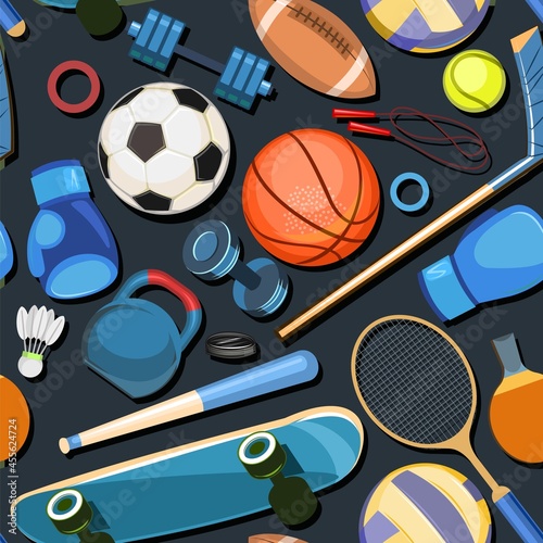 Sports equipment for athletes. Square seamless pattern. Dark background. Colorful Illustration Vector
