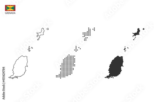 3 versions of Grenada map city vector by thin black outline simplicity style  Black dot style and Dark shadow style. All in the white background.