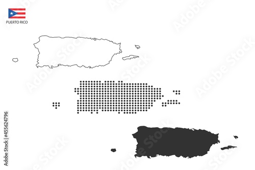 3 versions of Puerto Rico map city vector by thin black outline simplicity style, Black dot style and Dark shadow style. All in the white background. photo