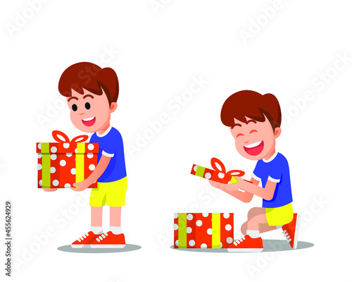 happy boy opens the gift box he received