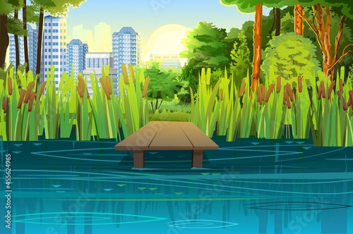 Pier for fishing on coast of river or lake. Wild pond. Summer landscape. City in the distance. Out-of-town scenery. Water flow and shallow waves. Illustration vector.
