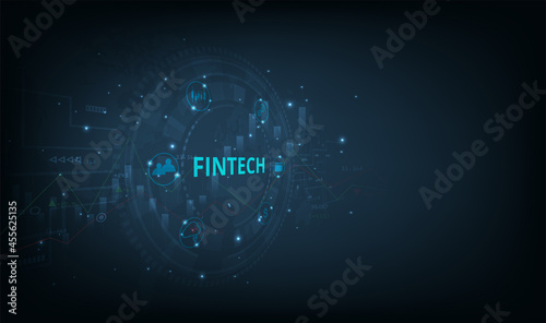 Financial technology and Business world class.Icon Fintech and things on dark blue technology background represents the connection Financial technology, banking and Business world class.