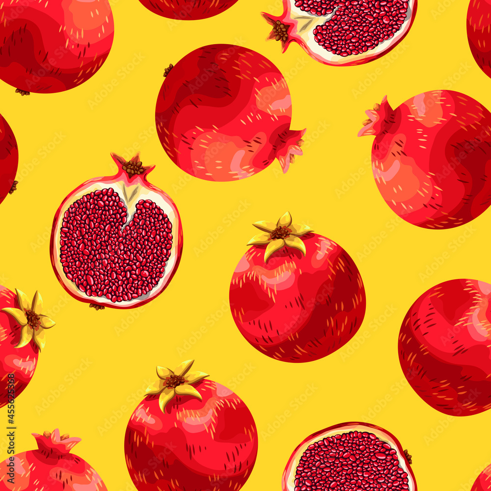 Pomegranate. Beautiful drawing of a red fruit from the garden. Juicy fresh berry. Cut in half fruit. Seamless yellow and red background with pattern. Pomegranate. Beautiful drawing of a red fruit from the garden. Juicy fresh berry. Cut in half fruit. Seamless yellow and red background with pattern.