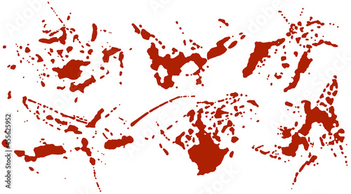 Set of blood spatter, realistic texture isolated on white background. Red blot with splashes, spilled paint. Drops of blood and smeared spots on the surface. Vector object