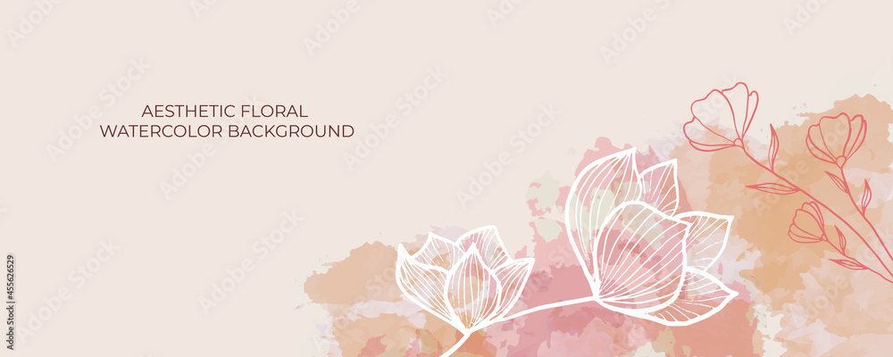 Obraz premium Abstract art background vector. Luxury minimal style wallpaper with golden line art flower and botanical leaves, Organic shapes, Watercolor. Vector background for banner, poster, Web and packaging.