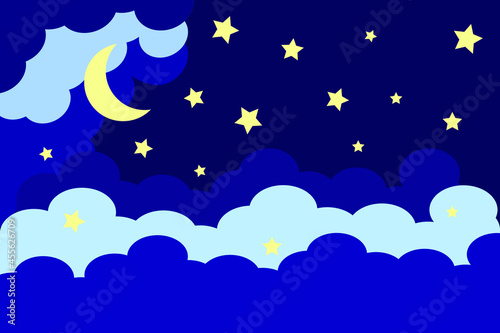 Night bright starry sky and moon. White shine stars on the clouds background, banner, backdrop. Cloudy weather. 