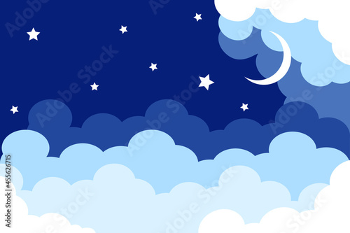 Night bright starry sky and moon. White shine stars on the clouds background, banner, backdrop. Cloudy weather. 