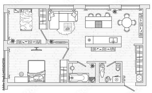 Apartment studio, flat or house floor plan.  Interior design elements kitchen, bedroom, bathroom living room with furniture. Set of furniture icons for planning. Vector architecture plan in top view