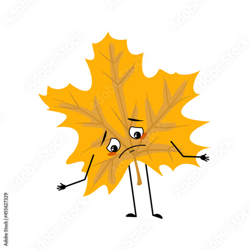 Maple leaf character with sad emotions, depressed face, down eyes, arms and legs. A funny forest plant in autumn yellow colour